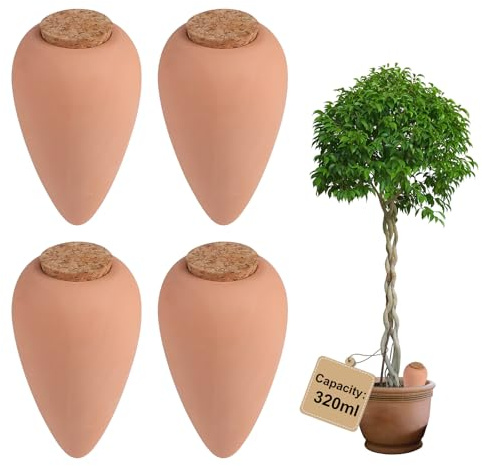 EXLECO 4 × 320ml Coni di Terracotta per Irrigazione con Sughero, Olla a Ravanello, Sistema di Irrigazione Automatico, Irrigazione a Goccia per Bottiglia, per Piante Interni, Orto, Balcone, Vasi