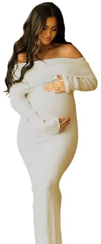 Off Shoulder Knit Bodycon Mermaid Going Out Baby Shower Maternity Sweater Maxi Dress Beige