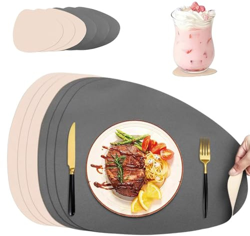 Set de 6 Manteles Individuales Lavables Ovalados y Posavasos, Impermeables, Antideslizante, Doble Cara de Cuero, Salvamanteles Individuales para Cocina, Comedor y Oficina