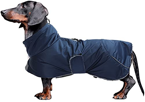 Dachshund Coats Waterproof, Perfect for Dachshunds, Sausage, Weiner Dog Winter Coat with Padded Fleece, Puppy Snowsuit with Adjustable Bands and High Vis Reflective Trim - Navy - S