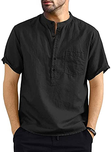 Voqeen Camisa Henley de Lino y Algodón para Hombre, Camisetas de Playa Informales Hippie de Manga Corta con Cuello de Banda de Bolsillo Tops con Cierre de Botón