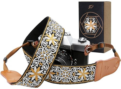 Gelbe Blume Kameragurt –Doppellagiges Echtem Leder Enden,2 Kameragurt aus Reine Baumwolle Bestickt Gewebt, Verstellbarer Universal Schulter oder Nackengurt für alle Kameras, Geschenk für Fotografen