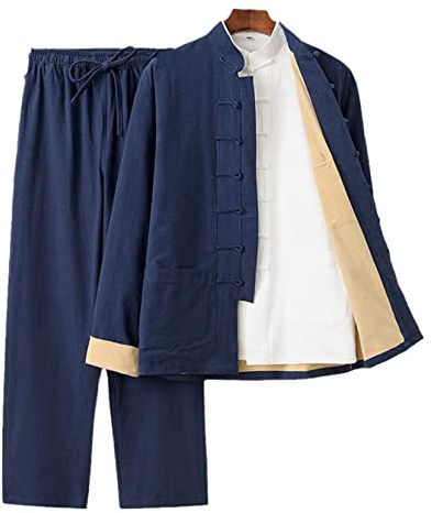 QPZK Men Cotton Linen Kung Fu Suit Martial Arts Meditation Suit Double Layer Shirt Pants Outfit 3 Piece Set Taichi Uniform Chinese Traditional Clothing Tang Suit (3XL,Blue)
