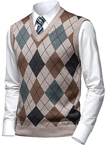 Herothorn Men's Thick Argyle Sweater Vests Classic V-Neck Knitwear Jumper Waistcoat Wool Blend Sleeveless Cardigan with Buttons Warm Plaid Tank Tops Autumn Winter