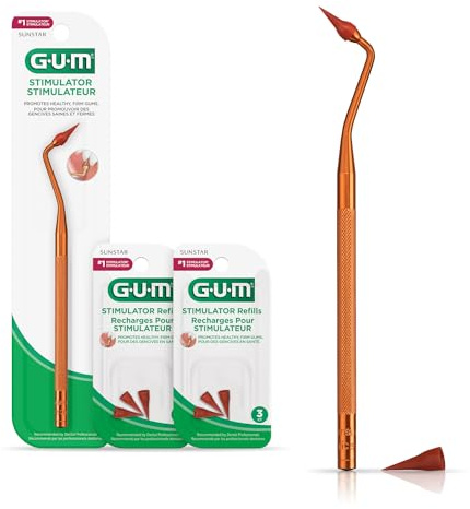 GUM Stimulator Permanent Handle - Long Handled Massager Remove Plaque & Promote Health (Handle + 2 Refill Packs)