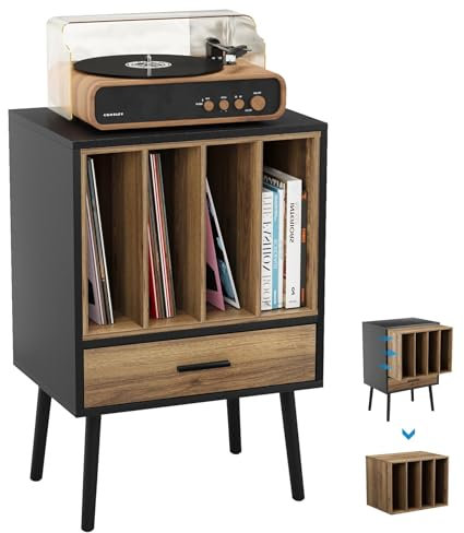Semiocthome Record Player Stand with Nesting Vinyl Storage Crate Holds Up to 160 Albums, Record Player Table with a Drawer and Solid Wood Legs, Side End Table for Turntables for Living Room Bedroom