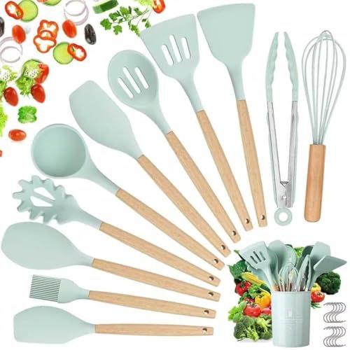 Utensili Cucina Set, hicoosee 22 Pezzi Senza BPA Mestoli Cucina Silicone con Manico in Legno Antiaderenti da Cucina Strumento di Cottura Termoresistenti con 10 S Ganci, Verde 01