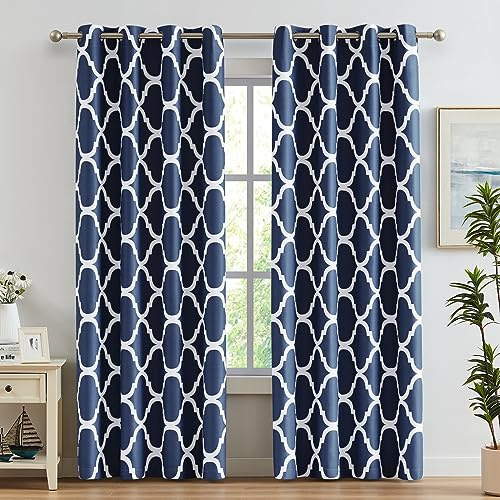 Melodieux Navy Blue Moroccan Room Darkening Blackout Grommet Curtains 84 Inches Long for Living Room Bedroom, 52 W x 84 L, 2 Panels