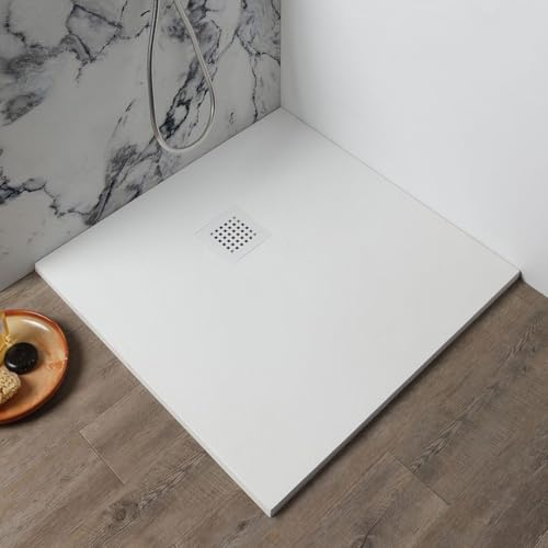 Kiamami Valentina - Piatto Doccia 90x90 Quadrato Sottile in Resina Effetto Pietra, Tagliabile e Antiscivolo, Installazione Filo Pavimento o Appoggio, Copri Piletta Acciaio Bianco Incluso