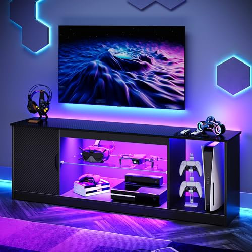 Bestier TV-Schrank 145x35x52 cm für Fernseher bis 65 Zoll mit RGB LED-Beleuchtung (22 Farben) & verstellbaren Glasböden - Lowboard für Wohnzimmer, Schlafzimmer (Schwarze Kohlefaser)