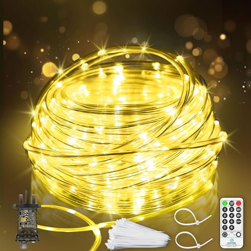 JXLEDAYY 98 FT 300 LED Christmas Rope Lights Outdoor String Lights Plug in Waterproof Tube Lights Mains Powered with 8 Modes Timer Remote for Outside Garden Pathway Tree Party Decorations-Warm White