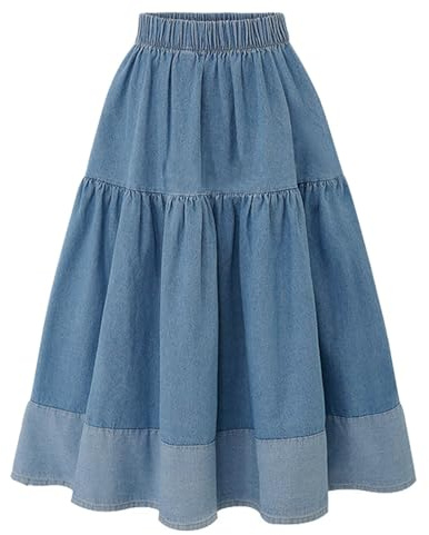 Jupe en Jean Midi Longue pour Femme - Bleu - Ligne A - Taille Haute Élastique - Décontractée - Patchwork - Portefeuille - Loisirs - Couleur Unie