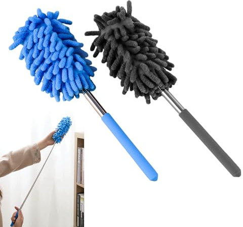 Spolverino Telescopico,Spolverino per Polvere,Togli Ragnatele Allungabile,Piumino per Spolverare,Confezione da 2 Spolverini Telescopici, Lavabile con Asta Telescopica
