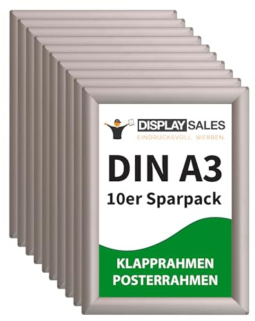 DISPLAY SALES Cornici a Scatto A3 Argento | Set da 10 | Profilo 25 mm | Cornici Clip per Poster e Certificati | Ideale per Uffici, Ristoranti, Hotel ed Eventi