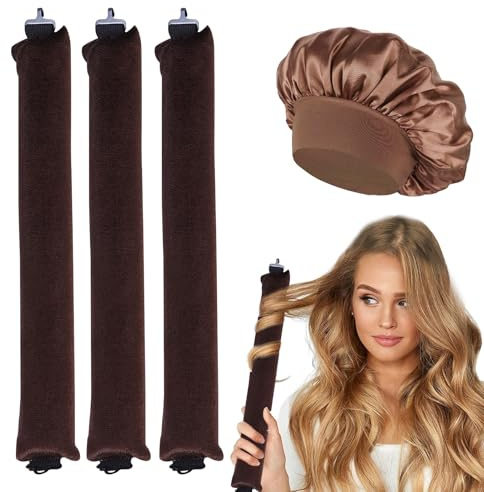 3Pcs Hitzefreie Lockenwickler, Haar Locken über Nacht, Lockenwickler Über Nacht mit Haken, mit Satin Haarhaube, Langes und Kurzes Haar Verwendet Werden (Braun)