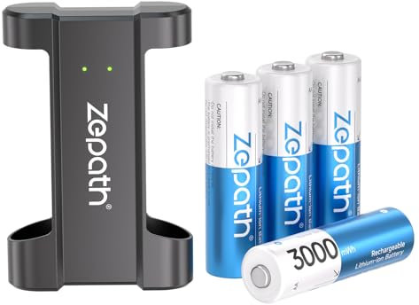 Zepath 4 x AA Rechargeable Lithium Batteries With 2 Slot Charger, High Capacity 3000mAh Lithium AA Battery 1.5V Constant Output 1600 Cycles, Rechargeable Battery Charger Fast Charging