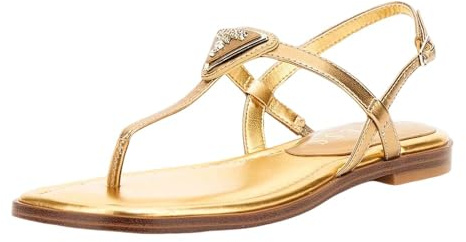 GUESS Sandalias Mujer con Tira en T, Doradas, Elegantes con Detalle de Cristales, Suela Plana (Bronce, Sistema tallas calzado EU, Adulto, Números, mediano, 39)