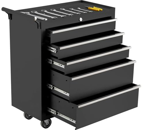OPULENTHOME Werkstattwagen leer, Werkzeugwagen mit 5 Schubladen, Werkzeugschrank klappbar, abschließbar, Massives Metall, Wagen ohne Werkzeug, Rollwagen mit Schloss für Profi Werkstatt