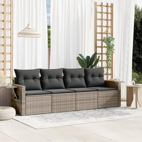 IKAYAA 4-TLG Balkon Sofa, Rattan Sofa 3 Sitzer, Rattan Sofa Outdoor, Gartensofa 3 Sitzer, Gartensofa, Lounge Möbel Outdoor, Garten Loungemöbel Set, mit Kissen Poly Rattan Grau