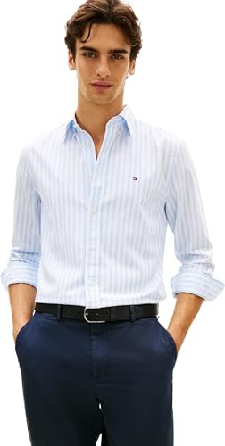 Tommy Hilfiger Uomo Camicia Flex Poplin Classic in Cotone, Blu (Sweet Blue/Stripe), M