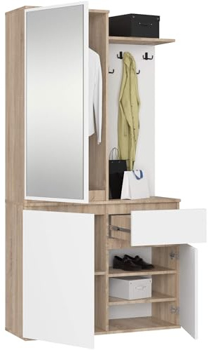 AKORD Set Guardaroba ENTRO 95 cm - Mobile Da Ingresso Moderno 3 Ante 1 Cassetto 7 Ripiani - Mobile Entrata Ingresso con Scarpiera e Appendiabiti - Arredo per Corridoi - Rovere-Sonoma & Bianco