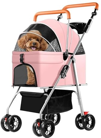 Simcat Pet Stroller for Small Dogs Cats, Foldable Cat Dog Pram for Medium Dogs with 360 ° Wear-Resistant Rubber Wheels Dog Travel Carrier (Pink)