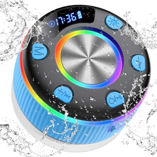 Cassa Doccia Bluetooth 5.3, IP7 Impermeabile Cassa Bluetooth Doccia con Luce RGB Ventosa, 360° Stereo Speaker Bluetooth 8 Ore Chiamata Vivavoce, Altoparlante Doccia per Bagno Piscina Viaggi, Tipo-C