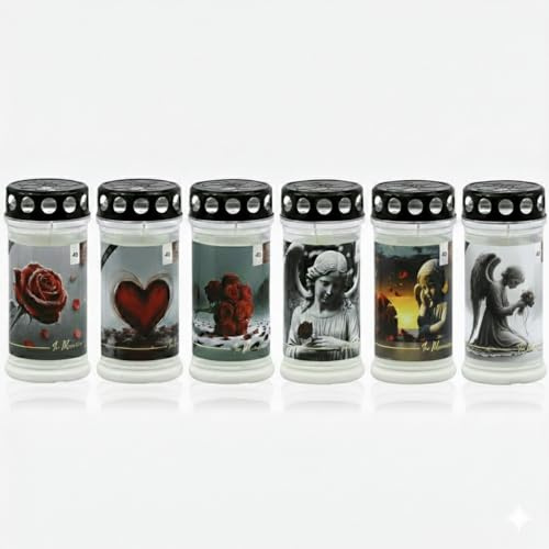 Horeca Candles - Ceri Votivi con Parapioggia - Durata 4 Giorni - Set da 6 Lumini per Cimitero - Cera Bianca - Candela Tombale con Decorazioni