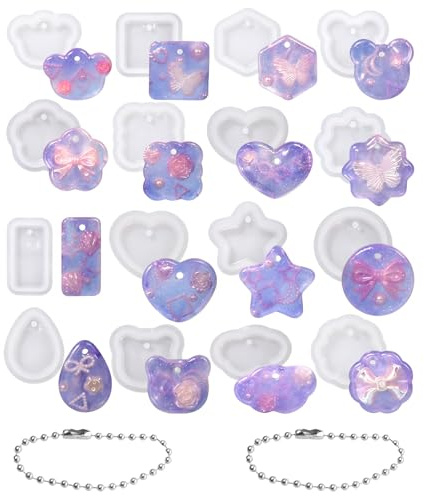 Merzio 16 Pcs Silicone Resin Molds Setand, Epoxy Resin Molds for Keychain Pendant Jewelry Making Kit, UV Resin Casting Molds with Hanging Hole for DIY Crafts Ornaments, Heart Square Star Shapes