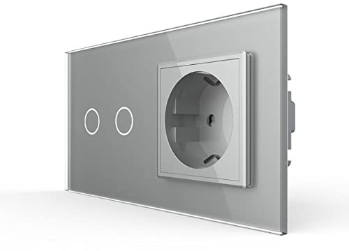 LIVOLO Grau Lichtschalter mit Steckdose mit LED Anzeige Licht Touch Sensor Panel aus Kristallglas, Schuko Schutzkontakt mit Kindersicherung Wandsteckdosen,VL-C702C1EU-15-A
