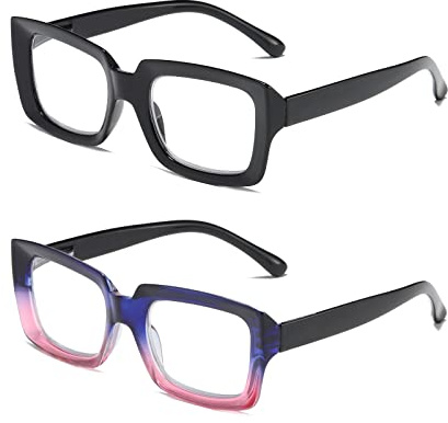 MMOWW 2 Pacco Occhiali da Lettura Donna Rettangolari - Oversize Square Frame Anti Luce Blu Occhiali （nero+blu e viola, +1.0