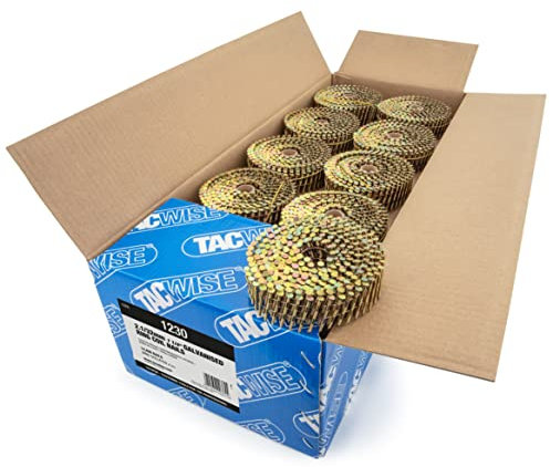 TACWISE 1230 Clavos en Bobina Plana Galvanizados de Tipo 2,1/32 mm, Vástago Anillado, Inclinados 16°, Agrupados con Alambre, Paquete de 14.400, Dorado, 32mm