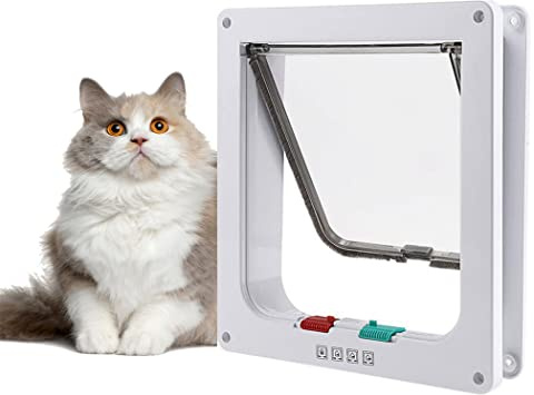 Large Cat Door 25 * 28 * 5.5cm,4 Way Locking Cat Flap Door,Silent Dog Door Pet Flap Easy to Install,Suitable for Cats Kitties and Kittens