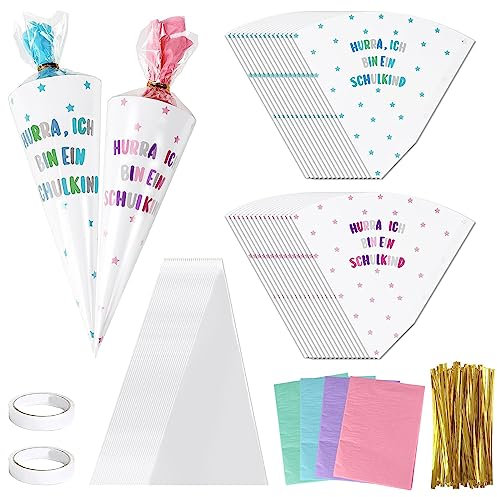 DAZZTIME Gastgeschenk Einschulung,32 Stück Geschwisterschultüte,Zuckertüte 26cm,Kleine Schultüte,Schultüte zur Einschulung,Geschwistertüte zum Schulkind Geschenk für Mädchen und Jungen