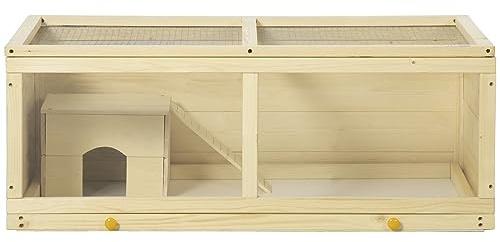 PawHut Jaula para Hámster con Panel de Acrílico 100x58x38 cm Casa para Hamsters de Madera con Tapa Abatible Bandeja Extraíble y Nido para Chinchillas Conejos Natural