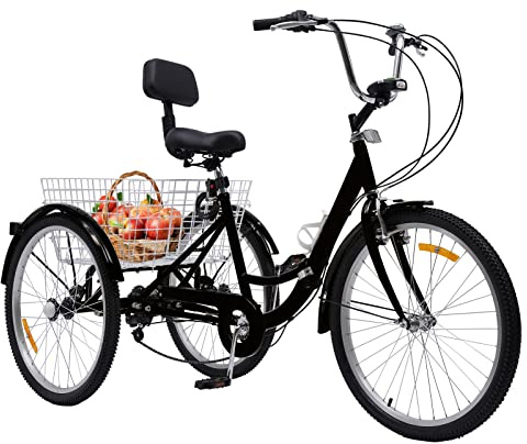Shiyinge 24 tum 7-växlad 3 hjul trehjuling vuxen cykel stadscykel med LED-lampa grönsakskorg och mugghållare växel tricycle cyklar vikbar shopping korg vikbar cykel vuxen vikbar cykel vikbar (svart)