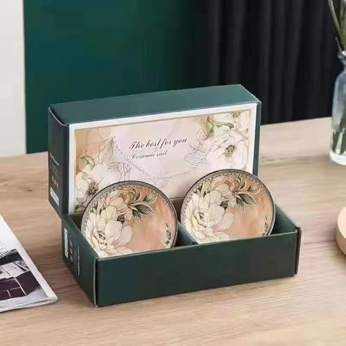 electromax Ceramic Serving Bowls, Chinese Rice Bowl with Gift Box, Japanese Pottery Bowls, Porcelain Serving Bowls for Rice, Soup, Dessert, Snack, 10oz/300ml, (2Pcs Set, Green Flowers)