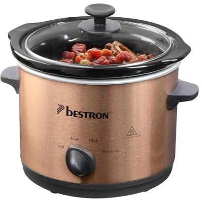 Bestron Slowcooker per 2 persone, pentola in ceramica e coperchio in vetro, termostato a 3 livelli, ideale per molti piatti come carne, zuppe e verdure, 1,5 litri, collezione di rame
