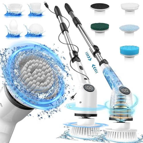 Scrubber elettrico rotante con manico lungo, senza fili, 8 testine di ricambio, 3 velocità regolabili, spazzola per la pulizia della doccia con manico regolabile e staccabile per vasca da bagno e