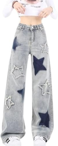 Suncadmious Jeans Mignons pour Femmes Filles Pantalons Patchwork étoiles y2k Taille Haute Jambe Droite Jean Baggy vêtements Preppy décontractés (Bleu,XS)