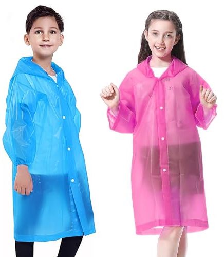 EOPUOZS Chubasquero para Niños, Poncho Iimpermeable EVA Reutilizable con Capucha, Poncho de Lluvia para niños y niñas para Viajes, Senderismo, bicicleta, Actividades Al Aire Libre y Camping (Azul + Ro