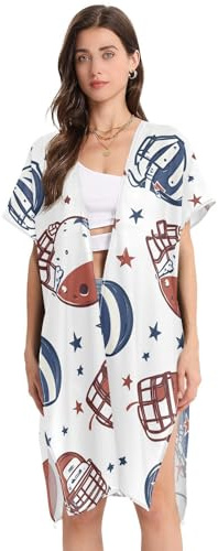 STAYTOP American Football Ball and Helmet Women's Kimono Swimsuit Coverups Summer Beach Casual Loose Cardigans for Swimwear