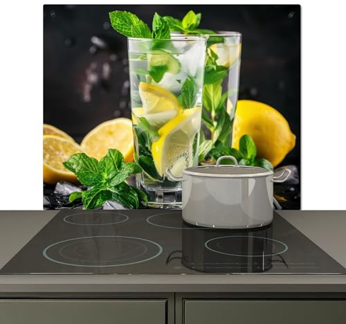 KitchenYeah© Spritzschutz Herd Küchenrückwand Vinyl 60x52 cm Küchen Zubehör Küchenwand, Herdabdeckplatten für Ceranfeld Wasser - Glas - Zitrone - Minze