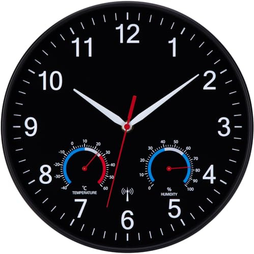 NESIFEE Reloj de Pared Radio-Controlado Silencioso Sin Tic-TAC a Pilas Analógico para Hora Precisa, Cocina Dormitorio Salón Oficina - Diseño Moderno Redondo de 30 cm (Negro)