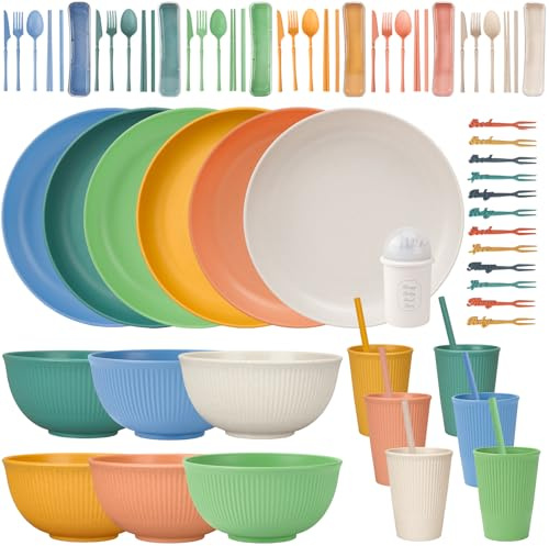 Juego de vajilla irrompible de 66 piezas para 6 personas, platos y cuencos de plástico, ligeros, coloridos, reutilizables, vasos, cubiertos, pajita, tenedores, juego de vajilla infantil