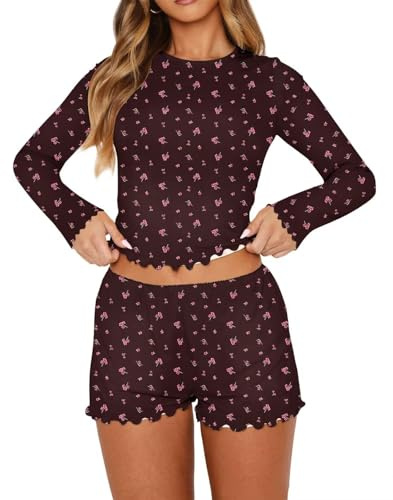 BONITEE Women Pyjamas Sets Long Sleeve Tops PJs Set Shorts Pajama Sleepwaer