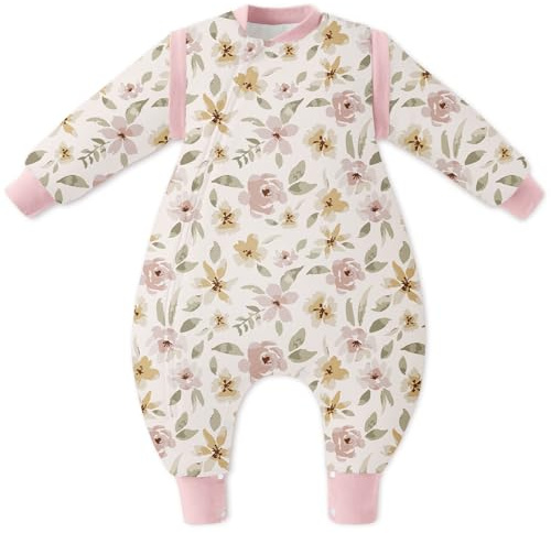 Unnivoll Schlafsack Baby Winter mit Füßen 2,5 Tog Baby Schlafsack mit Abnehmbare Ärmel Baumwolle Babyschlafsack Winterschlafsack Baby Warm und Weich 70 cm für Jungen Mädchen Rosa Blumen