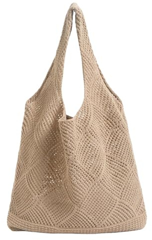 AYNKH Crochet Tote Bag, Brown Beach Mesh Tote, Knit Shoulder Bag Boho Casual Handbag for Women Girl