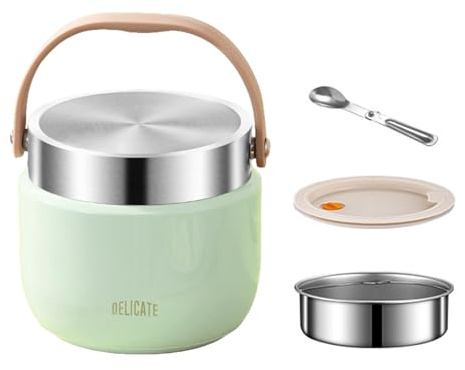 Vyranut 1200 ml récipient thermique pour aliments chauds, porte-repas thermique en acier inoxydable avec poignée, thermos pour aliments avec cuillère pliante, idéal pour soupes, pâtes, riz (vert)