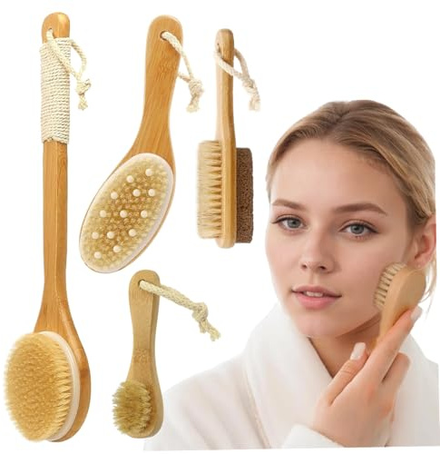 Set med 4 st torrborstande kroppsborstar, naturligt trähandtag torrborste, vildsvinsborst exfolierande kropp, långt handtag bakskrubbare, ansiktsfot